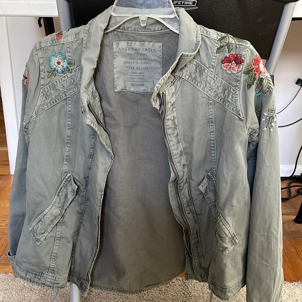 American eagle zip up Army jacket with floral detail